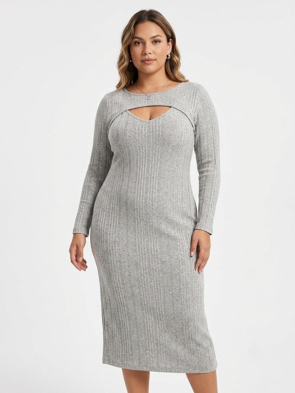 Banana Republic,  Light Grey Ribbed Cutout Midi Dress - L